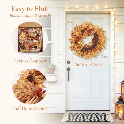 24in pre-lit fall wreaths for front door with shown in use
