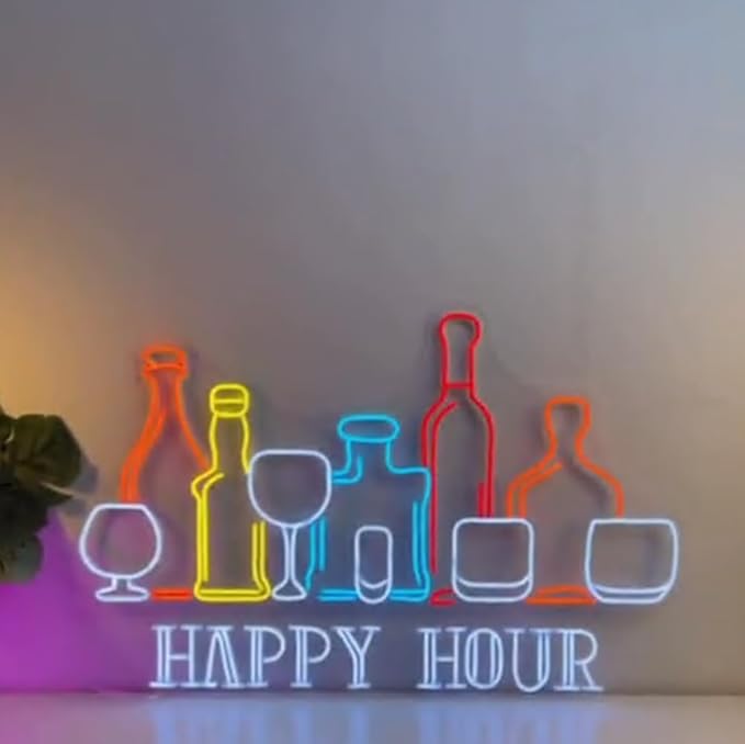 Happy Hour Wine Beer Neon Sign, Wine Bar Beer Pub Neon Sign, Custom Neon Sign, Alcohol Bar Open Night Light Decor, Drinking Lover Gifts Size:25inch
