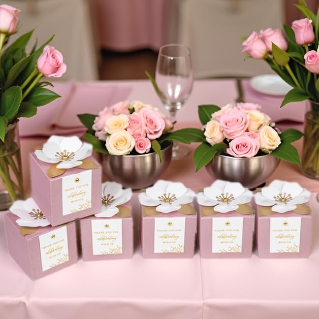 FEIYI 20 PCS Dusty Rose Gift Boxes, 3 In 1 Favor Boxes with Floral Decor, White Thank You Tags Cupcake Containers Gift wrapping for Wedding, Baby Shower, Birthday, Decorations Party - 3.55x3.55x3.55