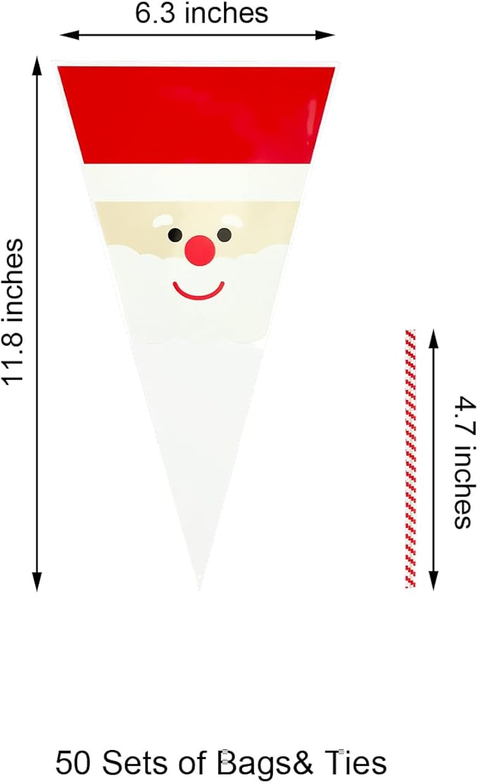 EKAPACKAGING 50Pcs 6.3x11.8 Inches Santa Print Cone Shaped Treat Bags with Ties, Christmas Clear Cellophane Bags, Party Favor Bags for Popcorn, Cookies, Cotton Candy, Gift, and Pretzel Rod