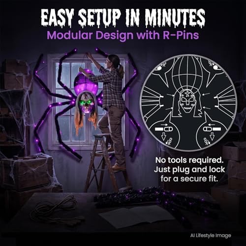 52" halloween giant skull face spider, lighted outdoor, side view