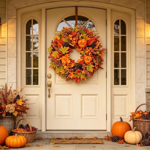 24 inch harvest fall wreath, farmhouse pumpkin pinecone shown in use
