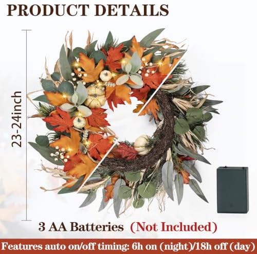 realistic fall wreath with lights/timer 24 inch fall, side view