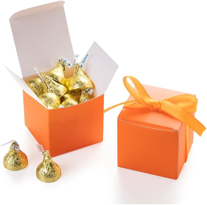 AWELL Orange Gift Candy Box Bulk 2x2x2 inches with Orange Ribbon Party Favor Box for Graduation Halloween Party,Pack of 50