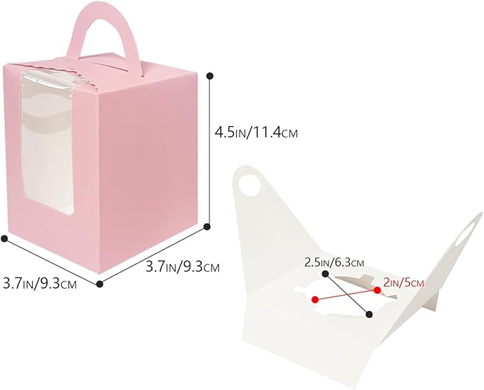 Bakepacker Auto-pop up Individual Cupcake Boxes with Window 25 Count Pink Single Cupcakes Box 3.6 x 3.6 x 4.3inch Cupcake Carrier