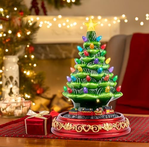 animated musical christmas decorations with rotating train on a desk or shelf