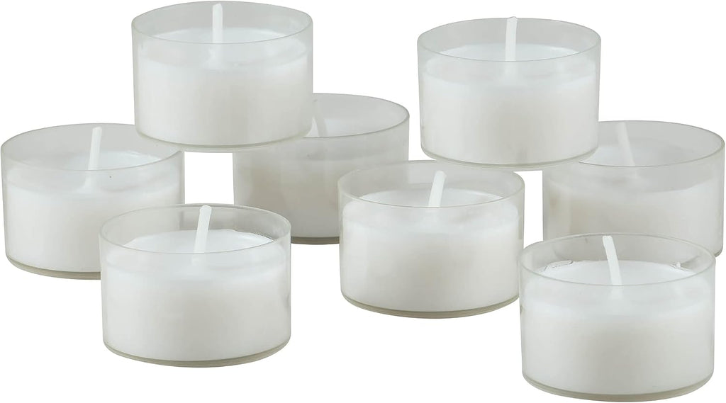 Stonebriar 96 Count White Unscented Smokeless Long Burning Clear Cup Tea Light Candles with 6 to 7 Hour Burn Time