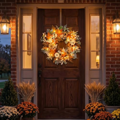 24in pre-lit front door fall wreath,for thanksgiving home shown in use