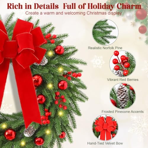 24'' christmas wreath with lights, christmas norfolk wreaths, side view
