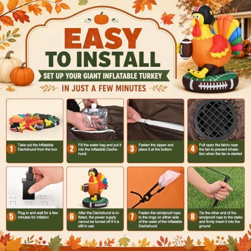tisejoy 6ft football inflatable turkey, thanksgiving inflatables outdoor showing dimensions