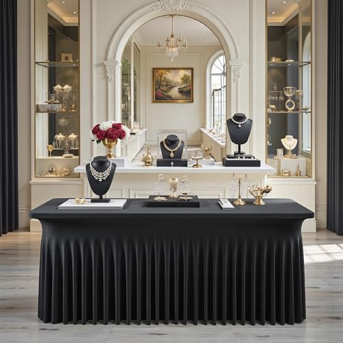 8ft Black Spandex Tablecloth for Rectangle Tables, 4 Pack for Wedding Party