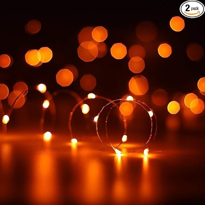 ANJAYLIA 2 Pack Orange String Lights for Halloween Battery Operated Fairy Lights, Twinkle Firefly Lights for Garden, Thanksgiving Day, Christmas Indoor Decoration