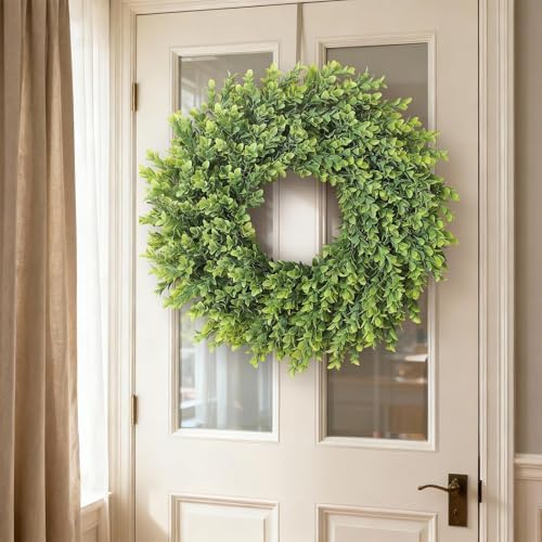 26"artificial boxwood wreath, large fake hanging plant for, side view