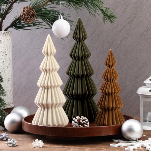 set of 3 velvet ceramic christmas tree decor, front angle view