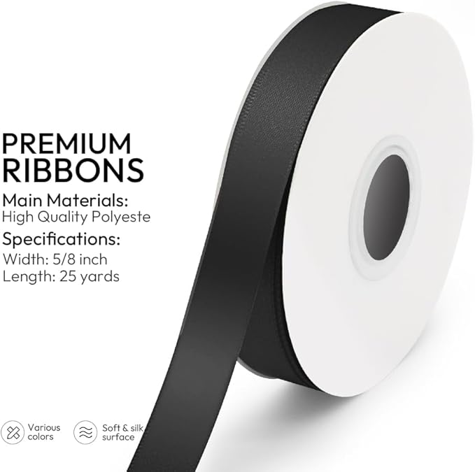 KMER LIFE 5/8 inch x 25 Yards Double Faced Polyester Black Satin Ribbon, Perfect for Gift Wrapping Very Suitable for Weddings Party Hair Bow Invitation Decorations and More