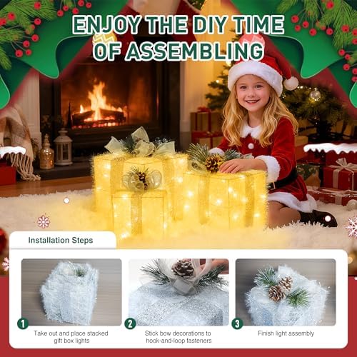 unusroom set of 3 christmas lighted gift boxes,outdoor, close-up detail