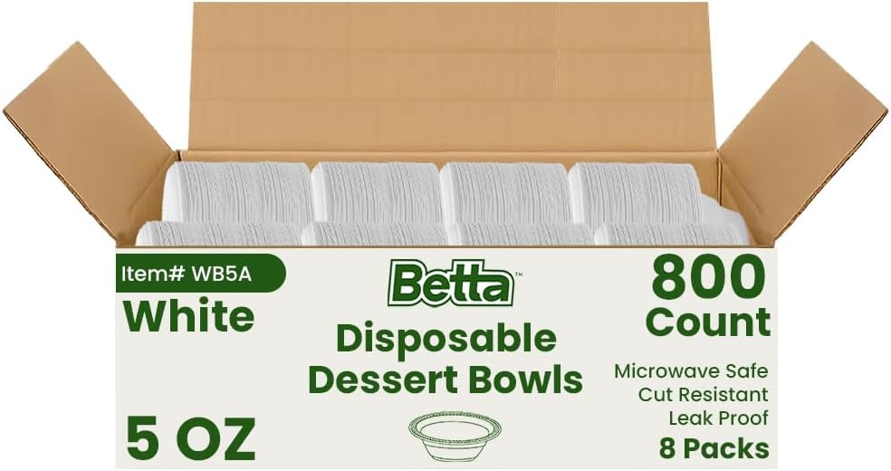 Betta 5 Oz Disposable Plastic Small Dessert Bowls, White, 800 Count, Bulk Cas...