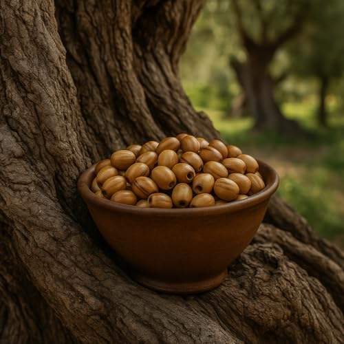 zuluf 9mm oval olive wood catholic rosary beads on a desk or shelf