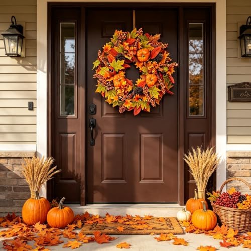 24 inch harvest fall wreath, farmhouse pumpkin pinecone, close-up detail