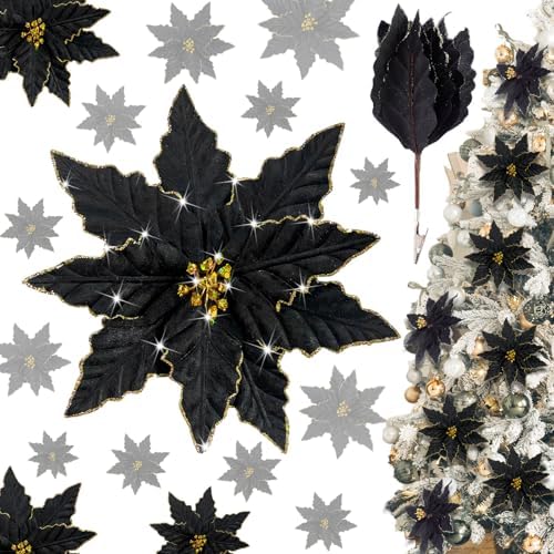 thiccywoov 16 pcs 9.8" black poinsettia christmas ornaments, main product view