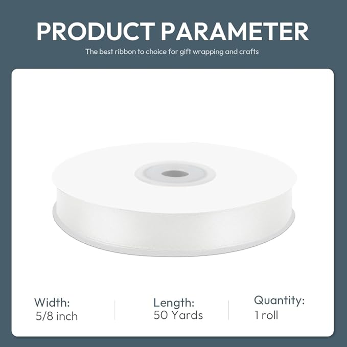 KMER LIFE 5/8" Wide x 50 Yards White Single Faced Polyester Satin Ribbon - Perfect for Wedding Decor, Wreaths, Crafts, Gift Wrapping & Other Projects