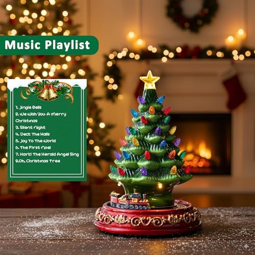 animated musical christmas decorations with rotating train, close-up detail