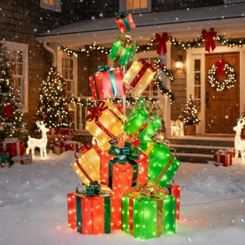 tangkula 5.6 ft christmas lighted gift box tower shown in use