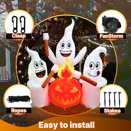 6 ft halloween inflatable ghosts roasting marshmallows, front angle view