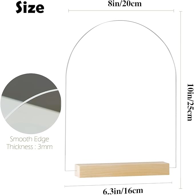 6 Pack 8x10 Inch Clear Arch Acrylic Sign with Wood Stands, Blank Table Signs, Arched Round Top Acrylic Sheet, DIY Arch Signs Blank for Wedding Table Number Menu Bar List Sign(Clear, Wood Stand)