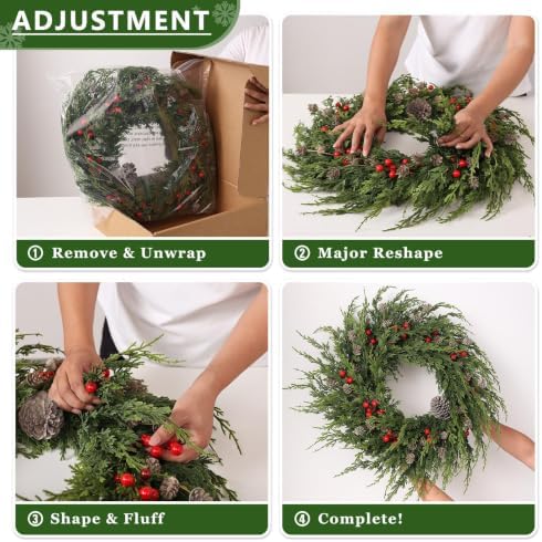 24" artificial christmas cedar wreath with berry for showing dimensions