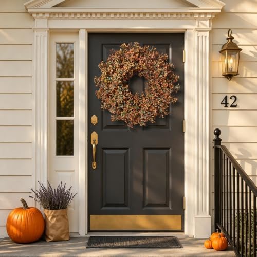 26" artificial fall boxwood wreath for front door, front angle view