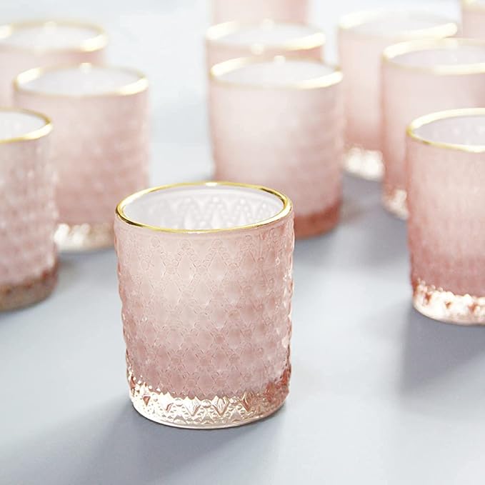 SHMILMH Pink Votive Candle Holders Set of 12, Vintage Glass Tealight Candle Holder with Gold Rim, Votives for Valentines Table Centerpiece, Wedding Decoration