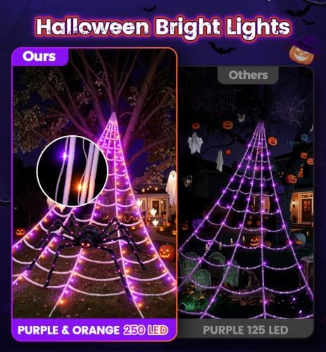 halloween giant spider web decoration with glow-in-the-dark spider shown in use