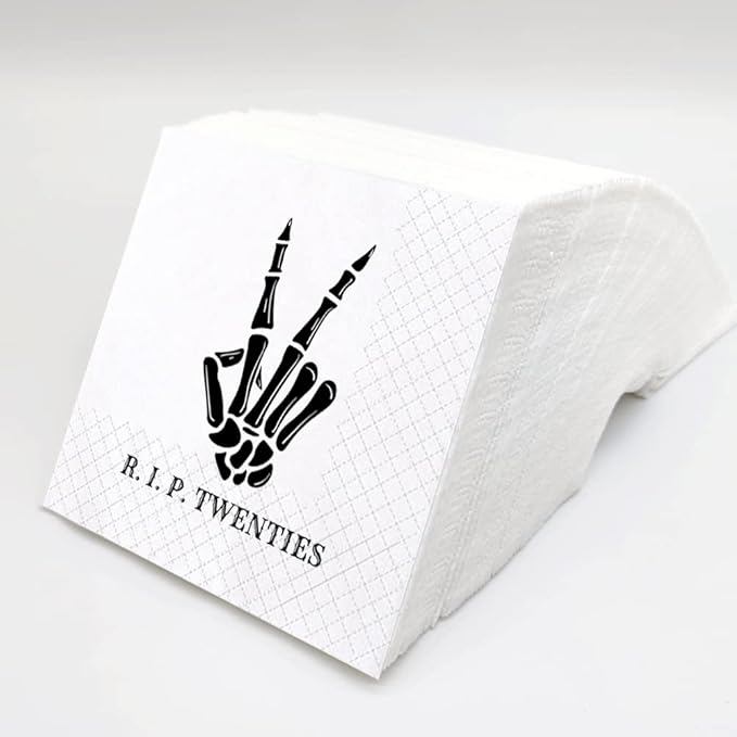 SharkBliss RIP Twenties Cocktail Napkins, 100 Pack RIP Twenties Death to My 20s Dirty 30 Birthday Paper Cocktail Beverage Napkins in Bulk for 30th Birthday | 2-Ply, 5x5" (RIP Twenties Napkins)