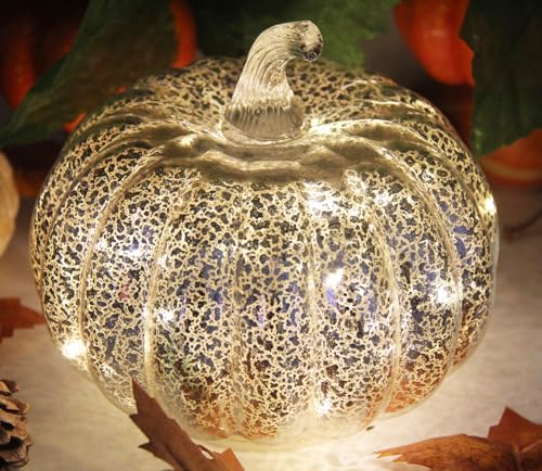 Fall Decorations for Home,Mercury Glass Pumpkin Lights with Timer(Silver)