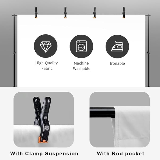 10x12ft White Backdrop for Photography, Polyester White Screen with 4 Clamps for Multiple Occasions
