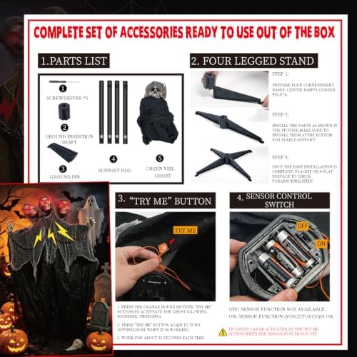 halloween skeleton with led red glowing eyes, sound, front angle view