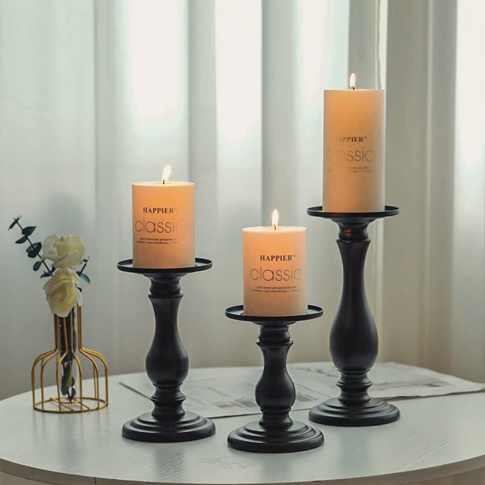 Matte Black Pillar Candle Holders Set of 3, 6/8/10 Inch Metal Stands for 3 or 4 Inch Pillars, Fireplace Mantel Table Centerpiece, Rustic Farmhouse Wedding Decor