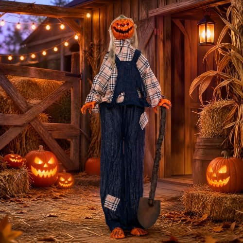 tangkula 5.3 ft animated halloween standing pumpkin scarecrow shown in use