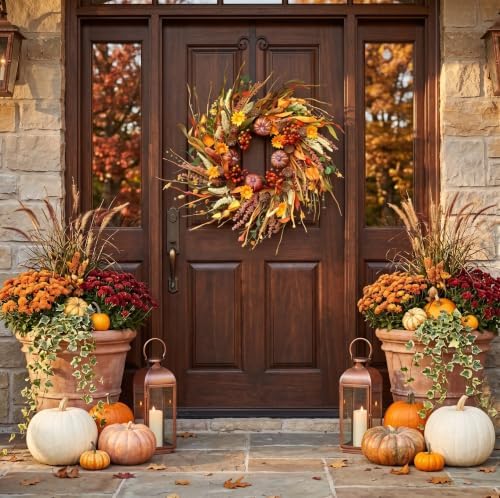 26 inch pumpkin fall wreath for front door shown in use