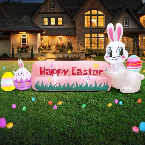 8ft easter inflatables bunny outdoor decoration with happy, close-up detail
