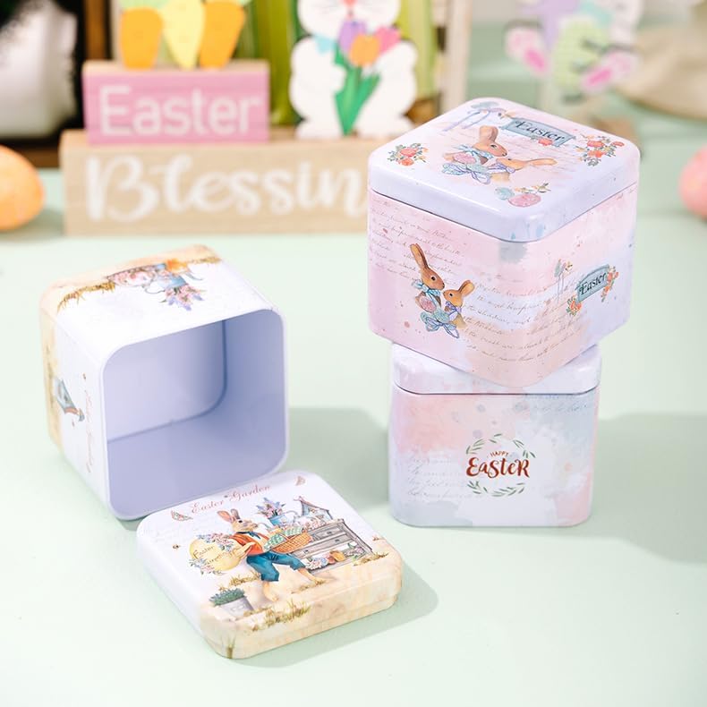 Easter Rabbit Square Metal Storage Tin (Style D) - 2.95" Vintage Bunny & Flower Treat Box, Decorative Small Tinplate Organizer for Candies, Jewelry, Reusable Holiday Keepsake Container & Party Favors