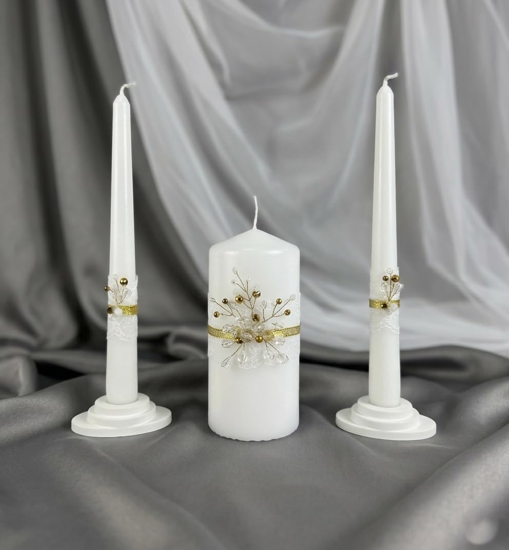 Unity Candle Set - Wedding Ceremony & Reception – 6” Pillar & Two 10” Taper Candles – Long Burning Unity Candles for Marriage Ritual – Handmade in USA – Diamond |Gold