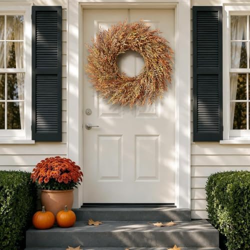 26" artificial fall nandina wreath for front door, front angle view