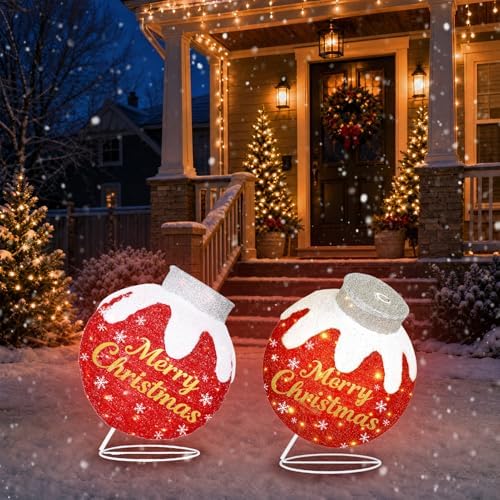 outdoor christmas ball ornaments, pop up lighted ball, front angle view