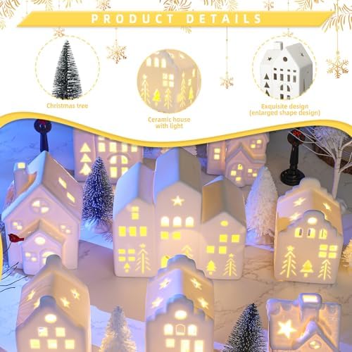 cindeer 26 pcs white elegant ceramic christmas village, close-up detail