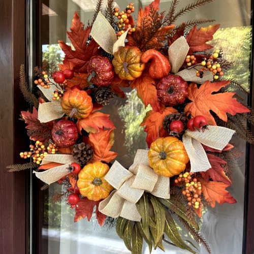 24 inch fall wreath for front door, autumn showing dimensions