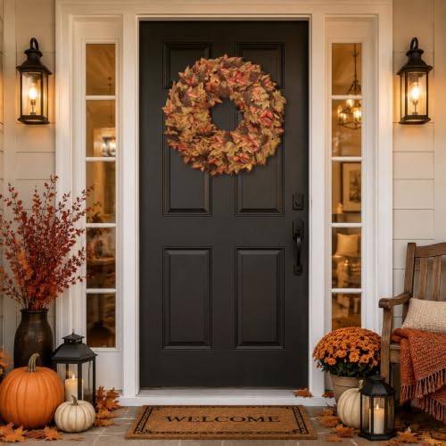20" fall wreath for front door, artificial maple, front angle view