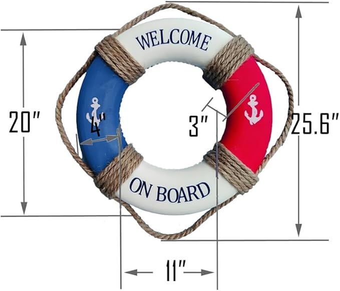 MorroMorn Lifebuoy Wall Hanging Decor - Welcome Aboard Mediterranean Style Home Decoration Hemp Rope (Red & Blue, 20")