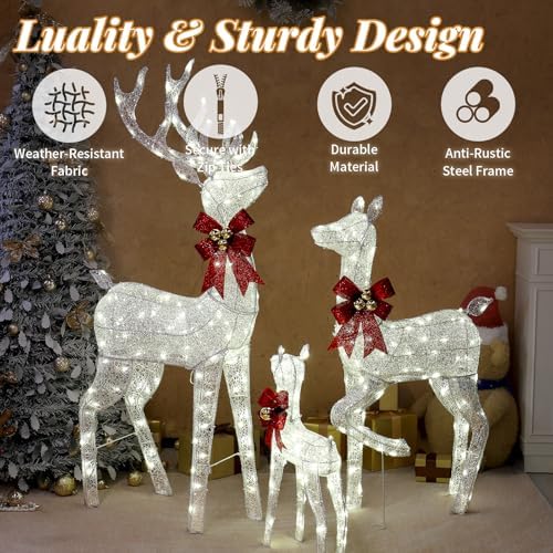 vingli 5ft silver lighted christmas reindeer family set, close-up detail